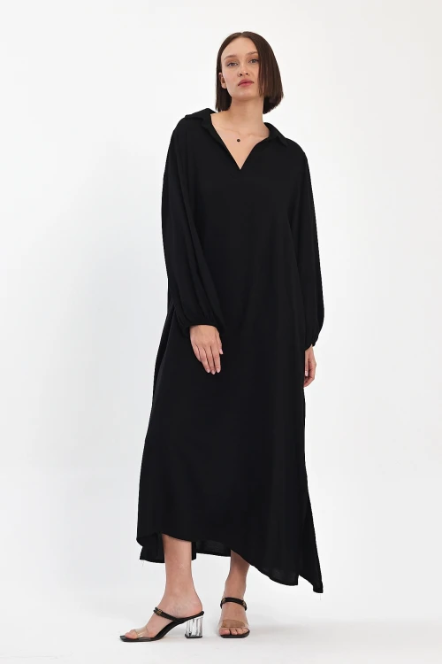 Maxi Boy Siyah V Yaka Dokuma Viscon Elbise BCVL-25920