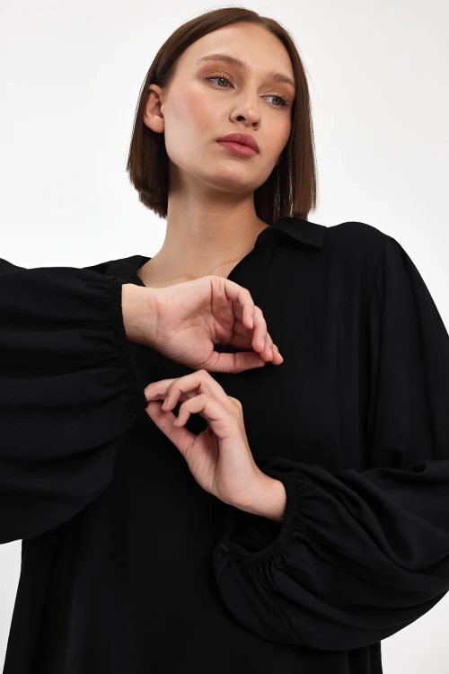 Maxi Boy Siyah V Yaka Dokuma Viscon Elbise BCVL-25920