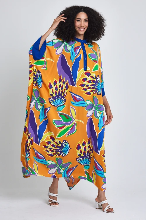 Maxi Boy Turuncu Hakim Yaka Çiçek Desenli Uzun Boy Dokuma Elbise BCVL-24969