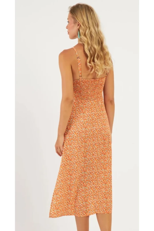 Turuncu İp Askılı Minik Desenli Örme Viscon Elbise BCVS-251000