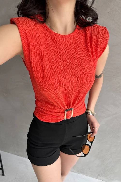 Turuncu Omuzu Vatkalı Beli Kemerli Bürümcük Bluz BCDF-252164