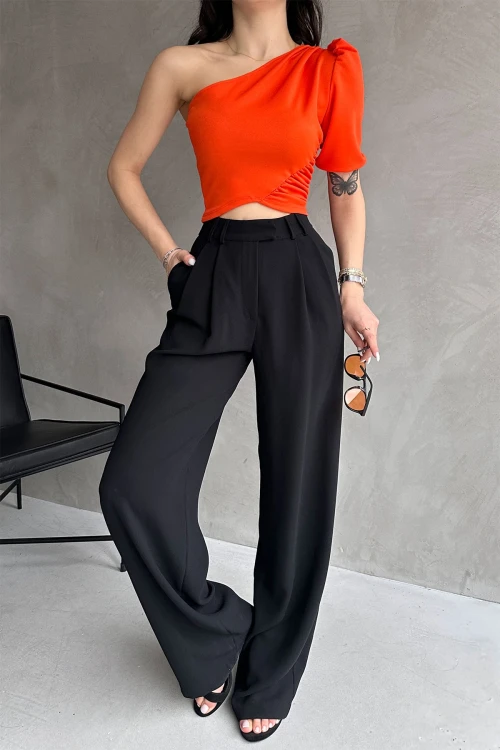 Turuncu Tek Omuz Prenses Kol Crep Bluz BCDF-252159