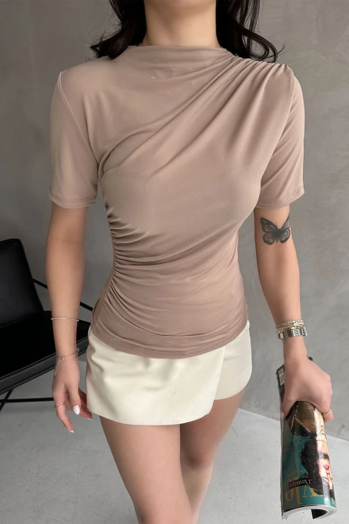 Vizon Kısa Kol Drapeli Sandy Bluz BCDF-252166