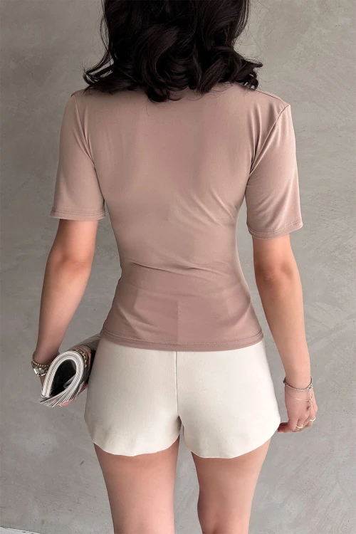 Vizon Kısa Kol Drapeli Sandy Bluz BCDF-252166