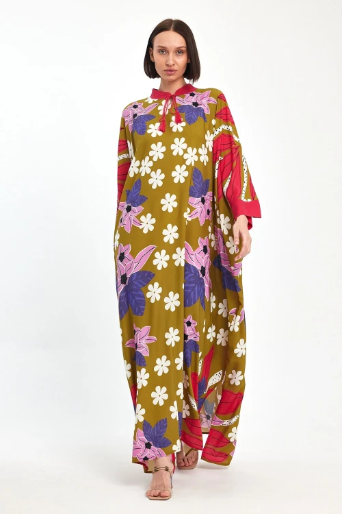 Maxi Boy Yağ Yeşili Baskılı Dokuma Viscon Elbise BCVL-251069