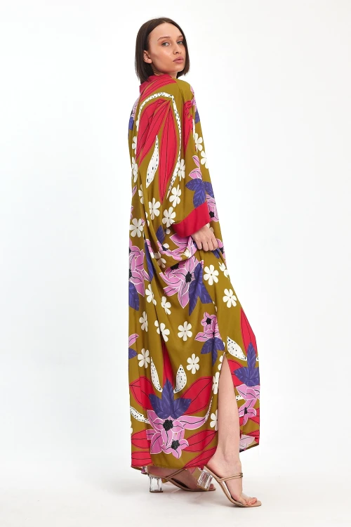 Maxi Boy Yağ Yeşili Baskılı Dokuma Viscon Elbise BCVL-251069