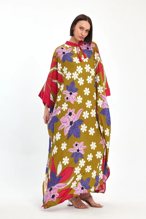 Maxi Boy Yağ Yeşili Baskılı Dokuma Viscon Elbise BCVL-251069