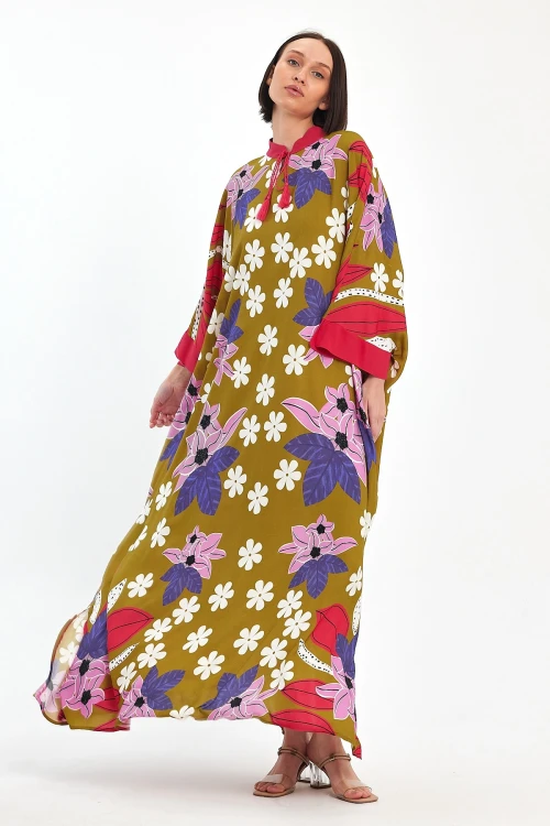 Maxi Boy Yağ Yeşili Baskılı Dokuma Viscon Elbise BCVL-251069