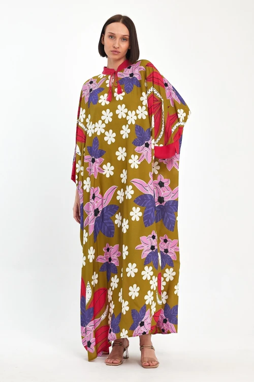 Maxi Boy Yağ Yeşili Baskılı Dokuma Viscon Elbise BCVL-251069