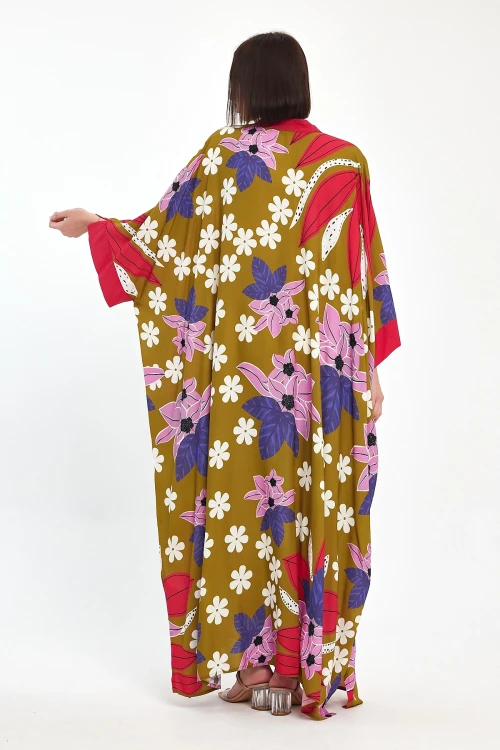 Maxi Boy Yağ Yeşili Baskılı Dokuma Viscon Elbise BCVL-251069