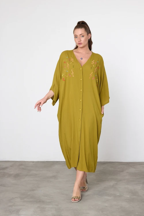 Maxi Boy Yağ Yeşili Nakış İşlemeli Dokuma Viscon Elbise BCVL-25V040