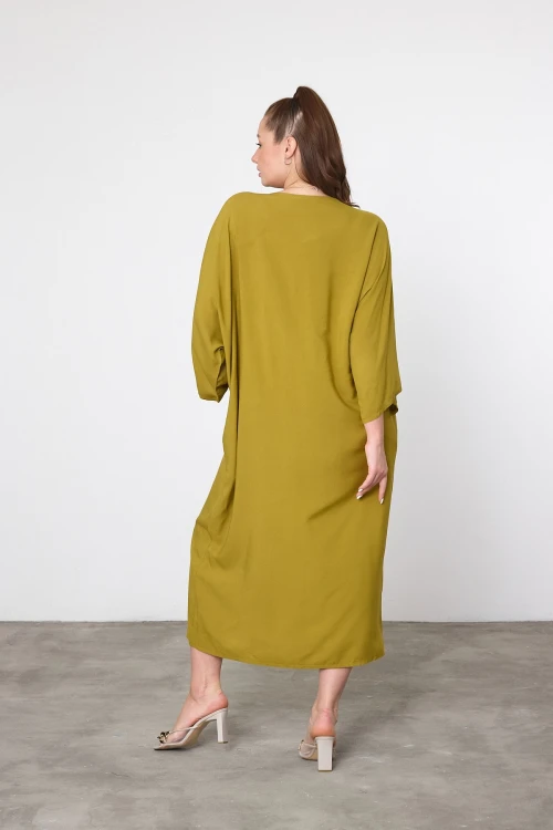 Maxi Boy Yağ Yeşili Nakış İşlemeli Dokuma Viscon Elbise BCVL-25V040