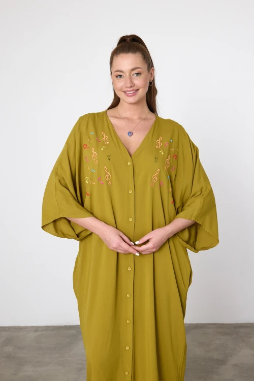 Maxi Boy Yağ Yeşili Nakış İşlemeli Dokuma Viscon Elbise BCVL-25V040