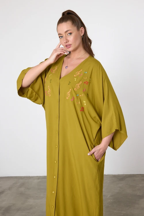 Maxi Boy Yağ Yeşili Nakış İşlemeli Dokuma Viscon Elbise BCVL-25V040