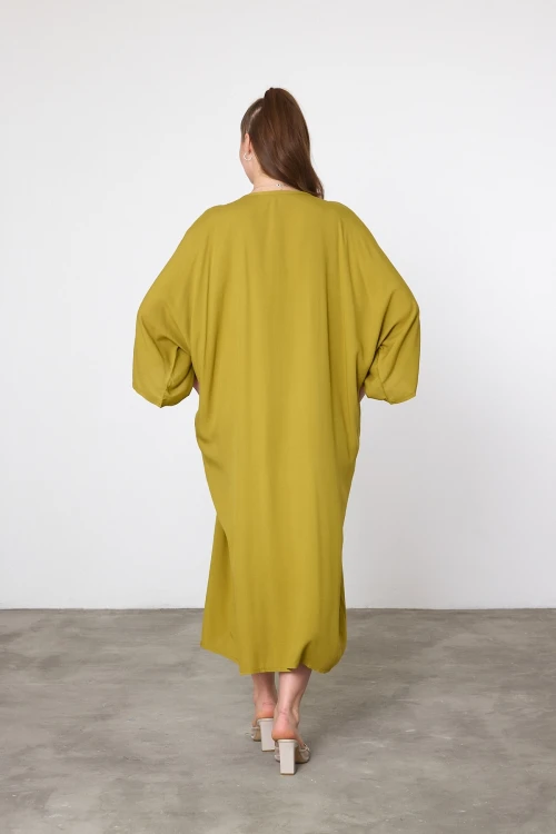 Maxi Boy Yağ Yeşili Nakış İşlemeli Dokuma Viscon Elbise BCVL-25V050