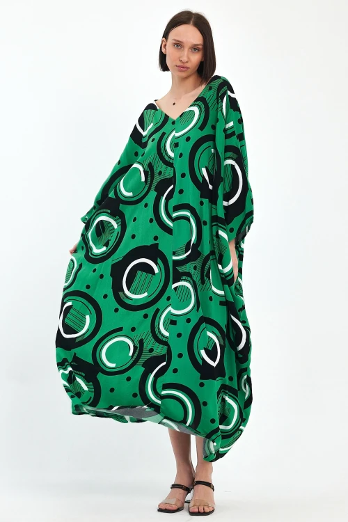 Maxi Boy Yeşil Baskılı Dokuma Viscon Elbise BCVL-251067