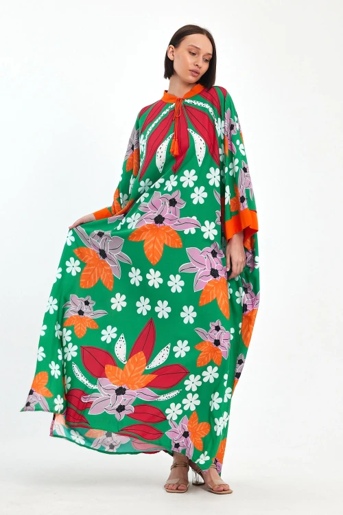 Maxi Boy Yeşil Baskılı Dokuma Viscon Elbise BCVL-251069