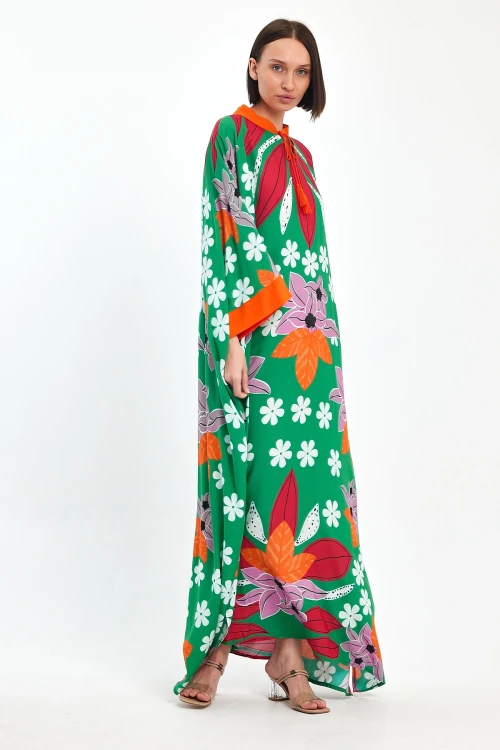 Maxi Boy Yeşil Baskılı Dokuma Viscon Elbise BCVL-251069