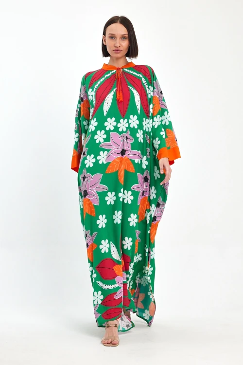 Maxi Boy Yeşil Baskılı Dokuma Viscon Elbise BCVL-251069