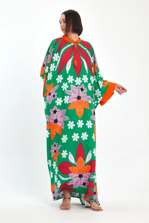 Maxi Boy Yeşil Baskılı Dokuma Viscon Elbise BCVL-251069