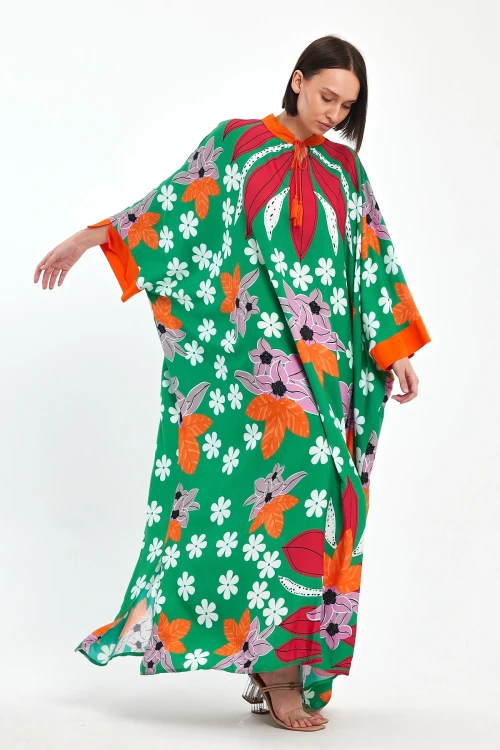 Maxi Boy Yeşil Baskılı Dokuma Viscon Elbise BCVL-251069