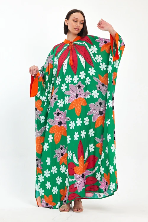 Maxi Boy Yeşil Baskılı Dokuma Viscon Elbise BCVL-251069