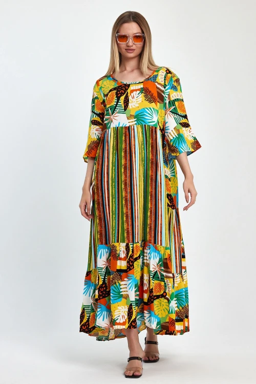 Maxi Boy Yeşil Baskılı Dokuma Viscon Elbise BCVL-258188