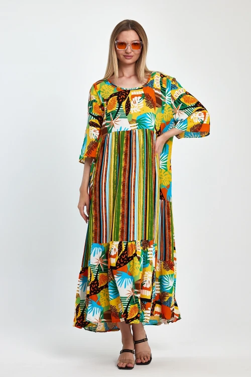 Maxi Boy Yeşil Baskılı Dokuma Viscon Elbise BCVL-258188