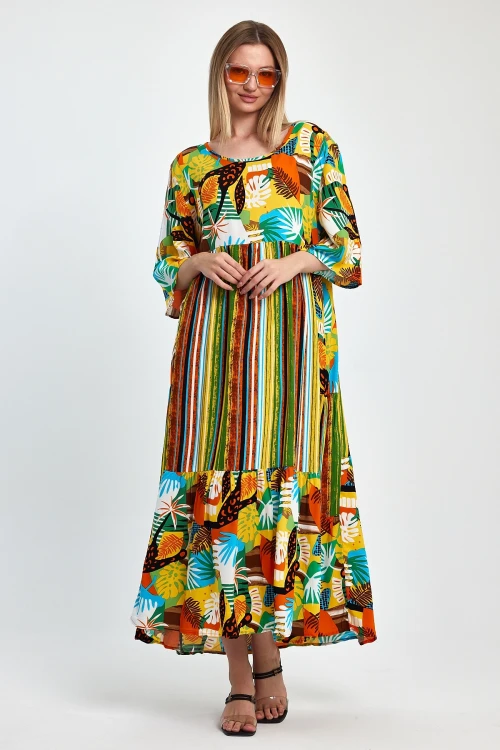 Maxi Boy Yeşil Baskılı Dokuma Viscon Elbise BCVL-258188