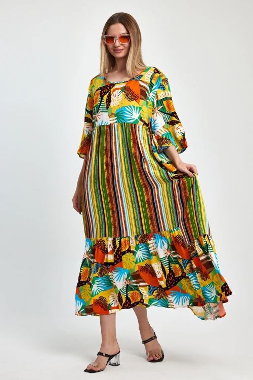 Maxi Boy Yeşil Baskılı Dokuma Viscon Elbise BCVL-258188