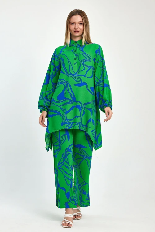 Maxi Boy Yeşil Baskılı Tunik Ve Pantolon Dokuma Viscon Alt Üst Takım BCVL-251055