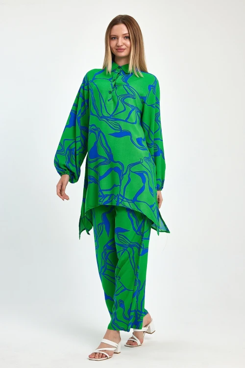 Maxi Boy Yeşil Baskılı Tunik Ve Pantolon Dokuma Viscon Alt Üst Takım BCVL-251055