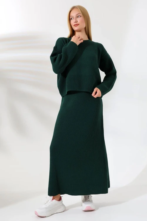 Yeşil Bisiklet Yaka Kazak Ve Etekli 2Li Alt Üst Triko Takım BCES-241001