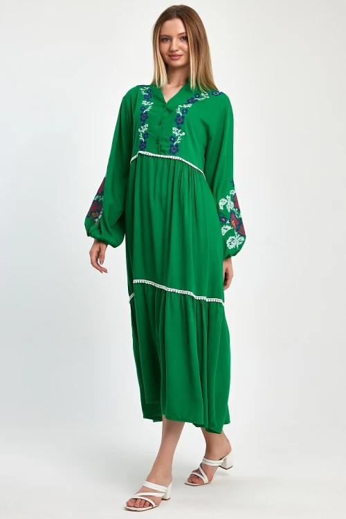 Maxi Boy Yeşil Nakış İşlemeli Dokuma Viscon Elbise BCVL-25967