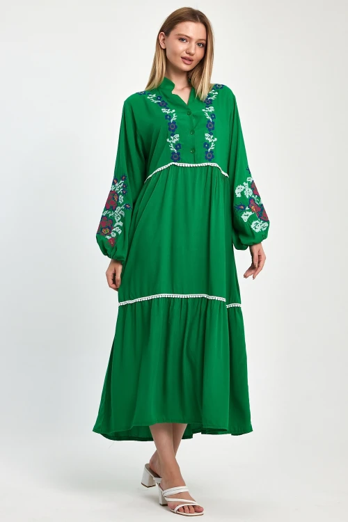 Maxi Boy Yeşil Nakış İşlemeli Dokuma Viscon Elbise BCVL-25967