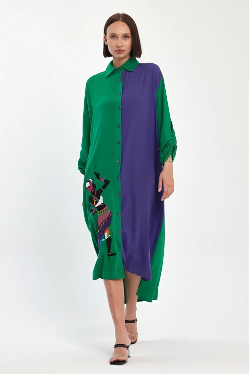 Maxi Boy Yeşil Nakış İşlemeli Dokuma Viscon Elbise BCVL-25991