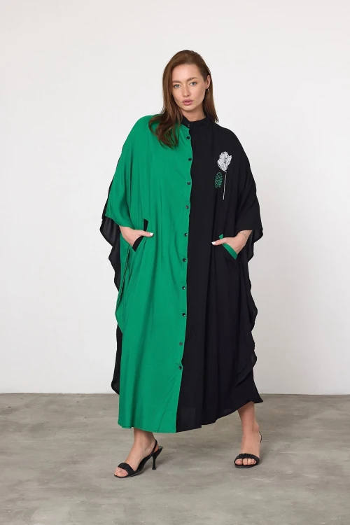 Maxi Boy Yeşil Nakış İşlemeli Dokuma Viscon Elbise BCVL-25993