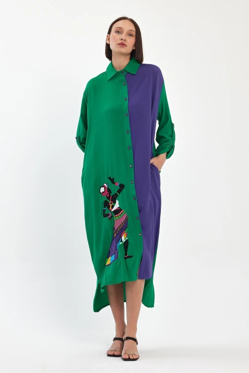 Maxi Boy Yeşil Nakış İşlemeli Dokuma Viscon Elbise BCVL-25991