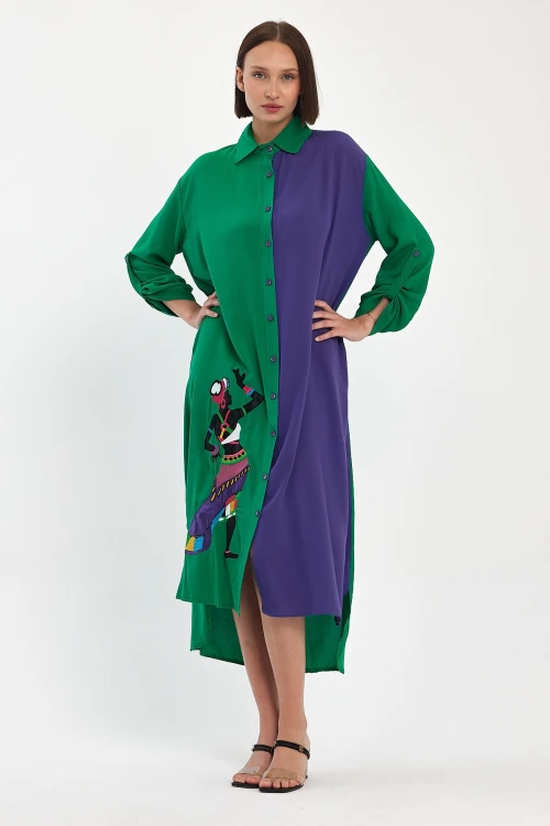 Maxi Boy Yeşil Nakış İşlemeli Dokuma Viscon Elbise BCVL-25991