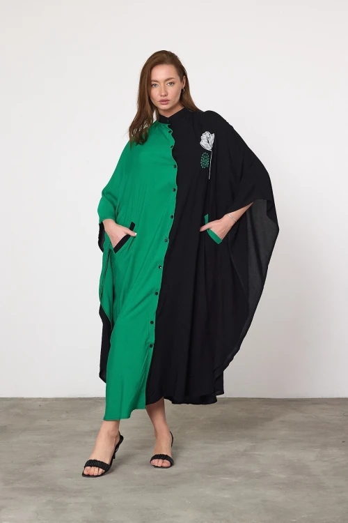 Maxi Boy Yeşil Nakış İşlemeli Dokuma Viscon Elbise BCVL-25993