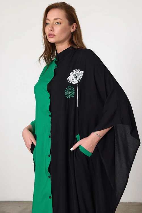 Maxi Boy Yeşil Nakış İşlemeli Dokuma Viscon Elbise BCVL-25993