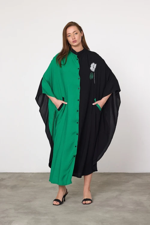 Maxi Boy Yeşil Nakış İşlemeli Dokuma Viscon Elbise BCVL-25993