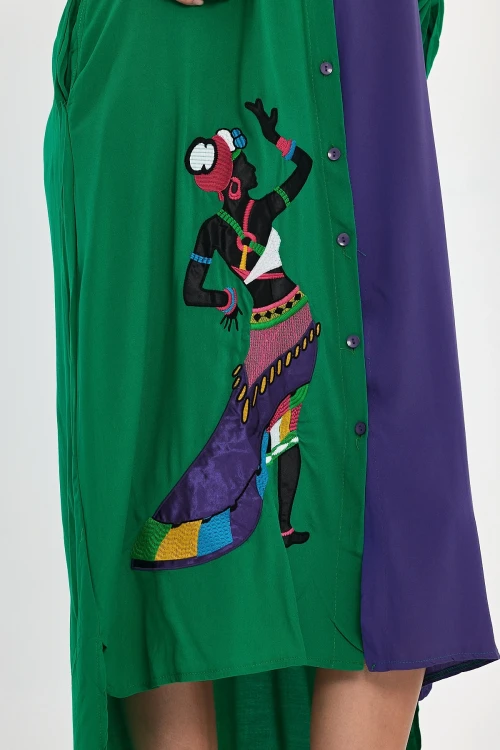 Maxi Boy Yeşil Nakış İşlemeli Dokuma Viscon Elbise BCVL-25991