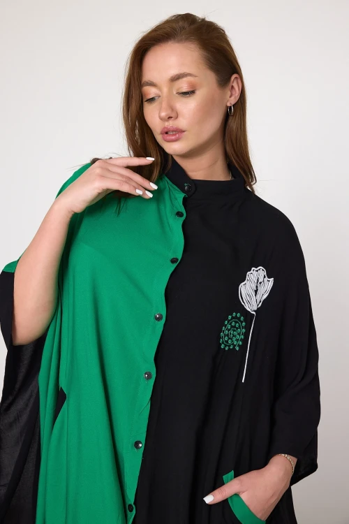 Maxi Boy Yeşil Nakış İşlemeli Dokuma Viscon Elbise BCVL-25993