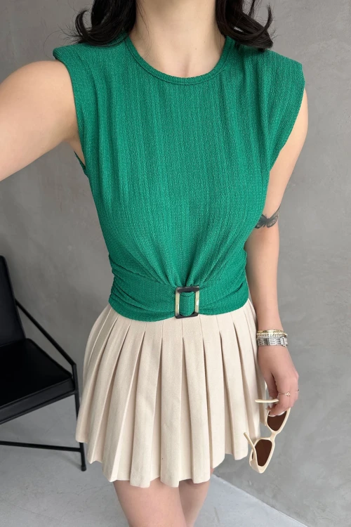 Yeşil Omuzu Vatkalı Beli Kemerli Bürümcük Bluz BCDF-252164