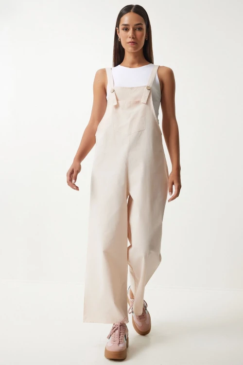 Açık Bej Önü Cepli Askılı Yazlık Gabardin Bahçıvan Tulum