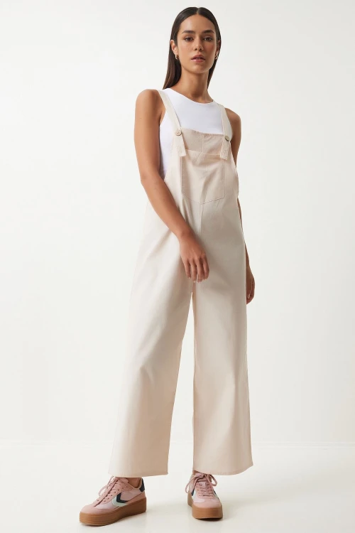 Açık Bej Önü Cepli Askılı Yazlık Gabardin Bahçıvan Tulum