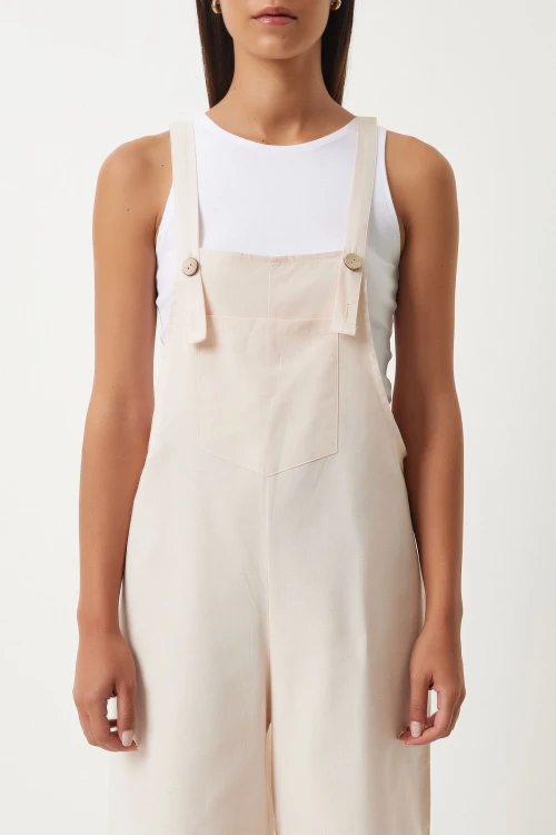 Açık Bej Önü Cepli Askılı Yazlık Gabardin Bahçıvan Tulum