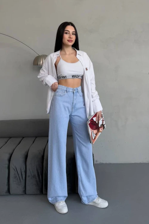 Açık Mavi Yüksek Bel Baggy Palazzo Jean Pantolon BCNW-251415