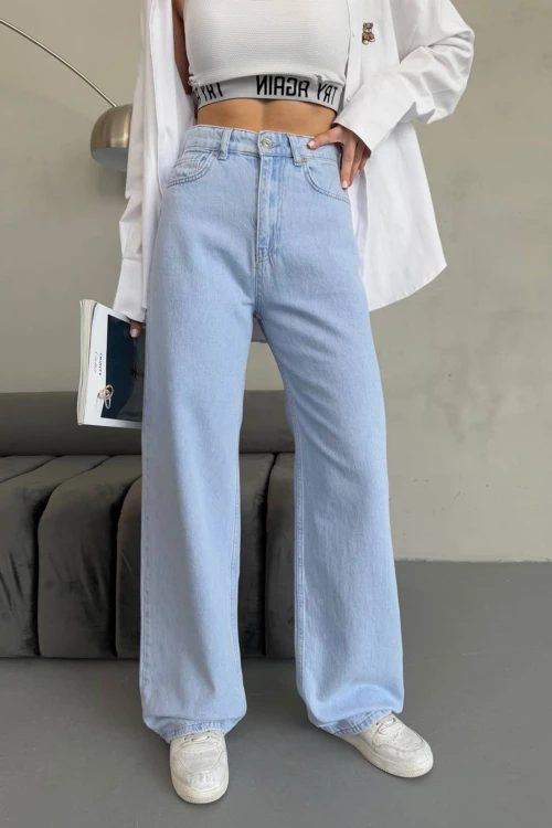 Açık Mavi Yüksek Bel Baggy Palazzo Jean Pantolon BCNW-251415